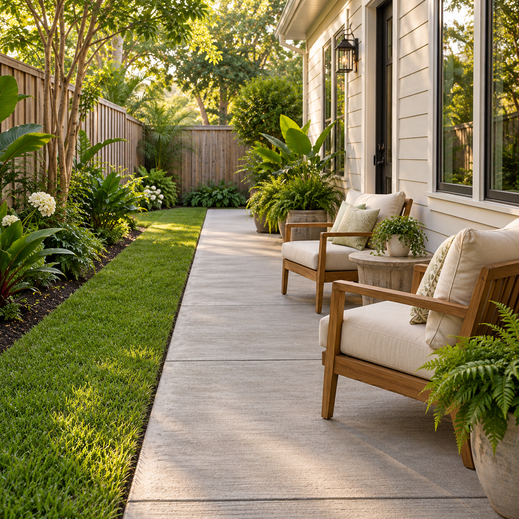 Lounge chairs sit along one side of a narrow concrete patio, leaving a clear path beside the lawn.