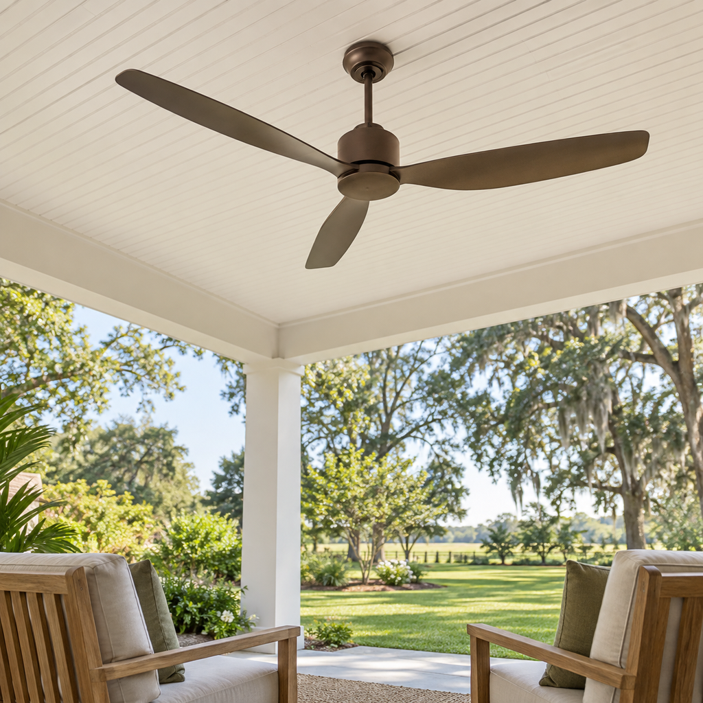 Ceiling fan hangs above cushioned wooden chairs on an open-sided covered patio.