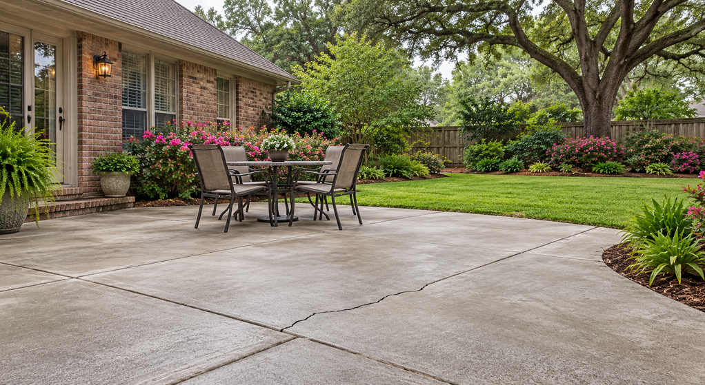 A crack crosses a concrete backyard patio beside a Lafayette brick home, with seating and lush lands