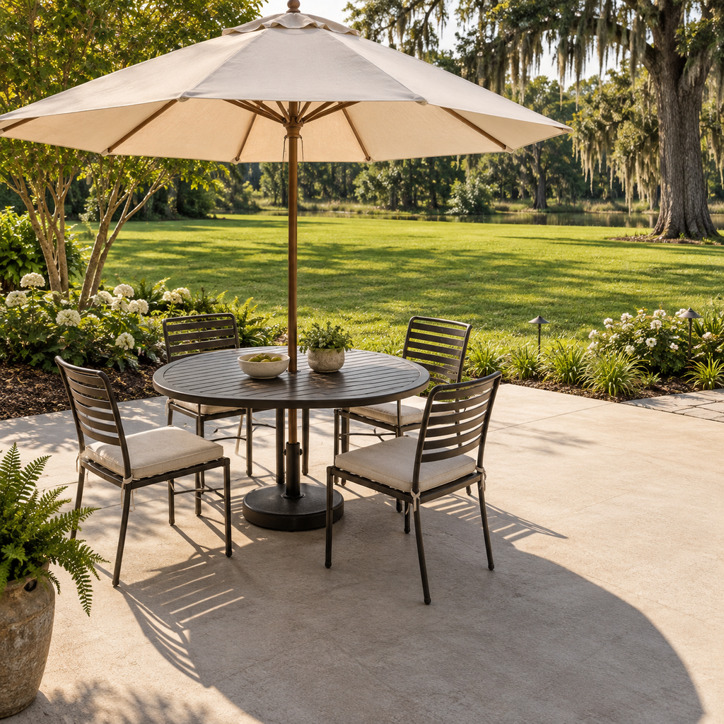 Large cream umbrella shades a round dining table and chairs on a sunlit concrete patio.