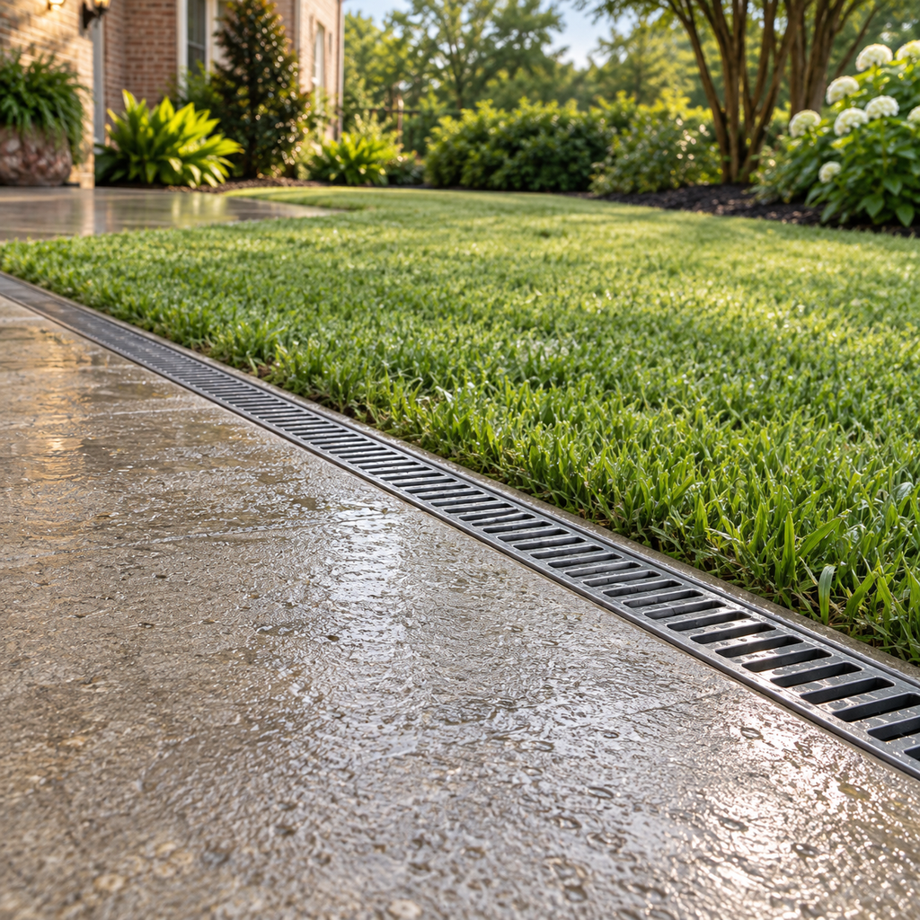 Flush channel drain along the edge of a rain-wet concrete patio beside a lawn.