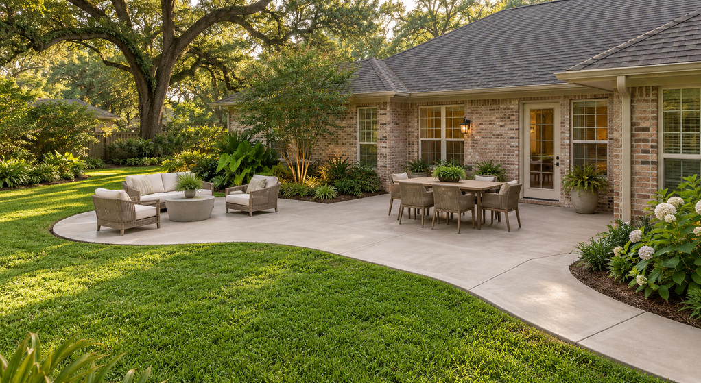 Concrete patio with separate dining and lounge areas beside a brick home and green lawn.