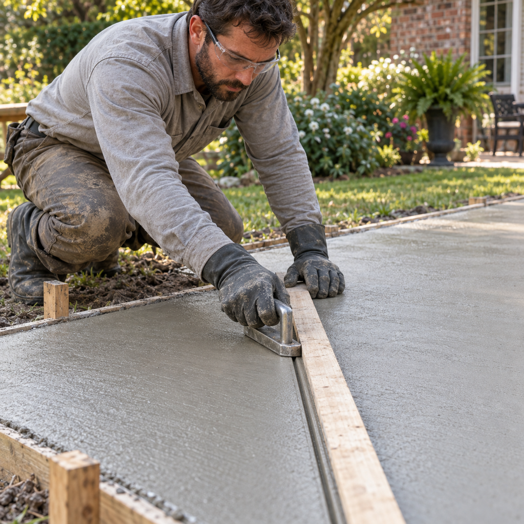 Concrete finisher using a hand groover and straight guide to form a patio contraction joint.