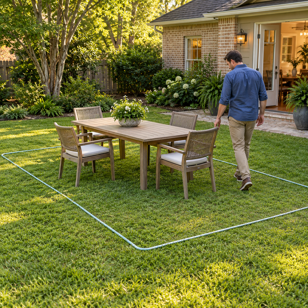Homeowner checks chair clearance around outdoor furniture inside a hose-marked patio outline on the lawn.
