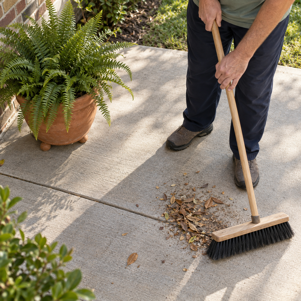Homeowner sweeping leaves and grit from a concrete patio beside a fern planter raised on pot feet.