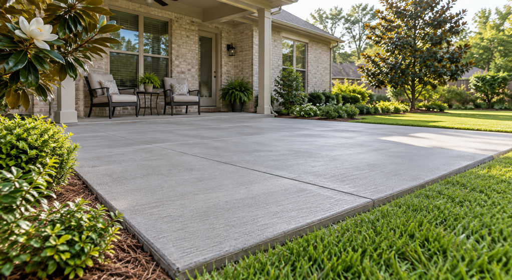 Broom-finished concrete patio with straight joints beside a brick home and lush garden.