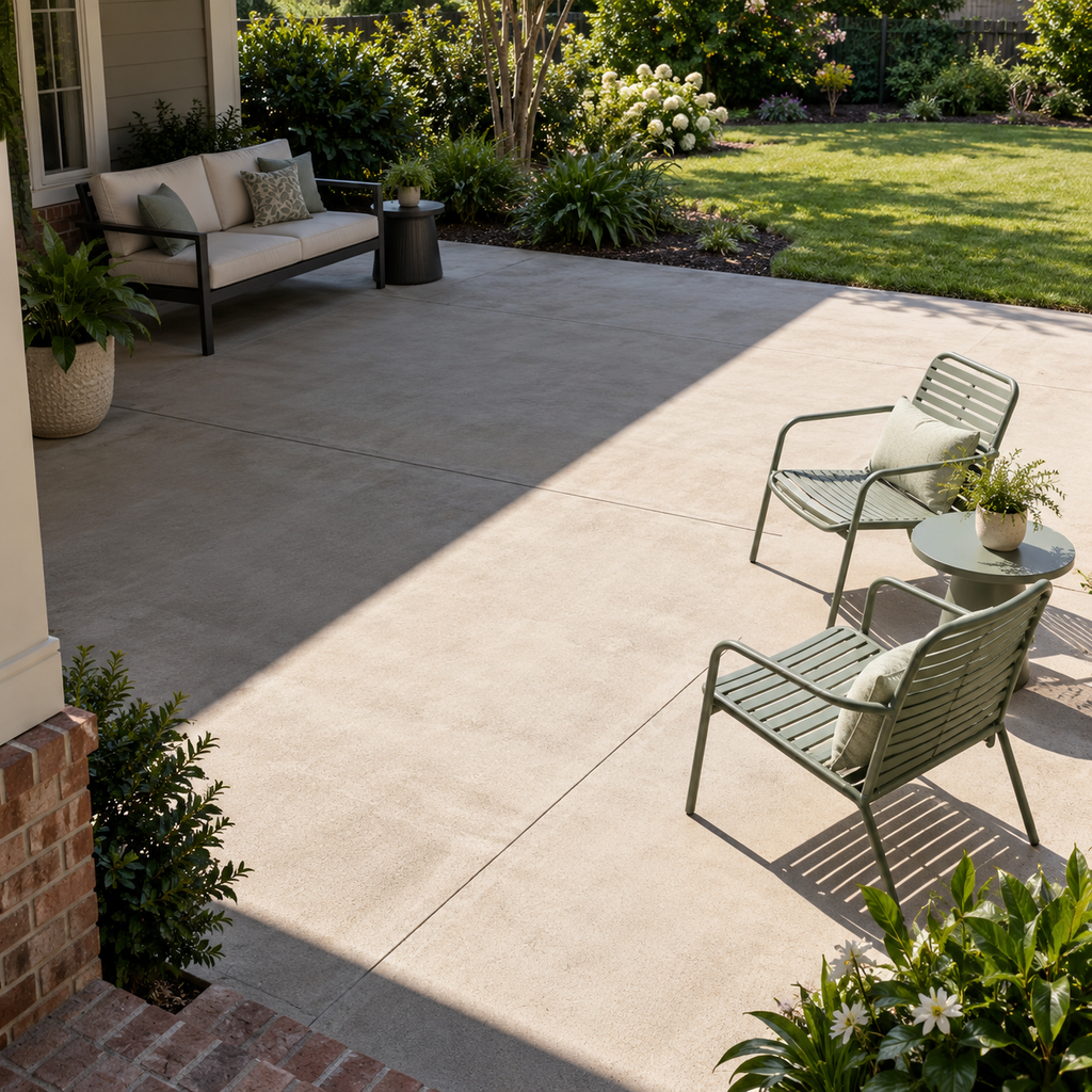 Two chairs sit in sunshine across an open concrete patio from a shaded cushioned loveseat.