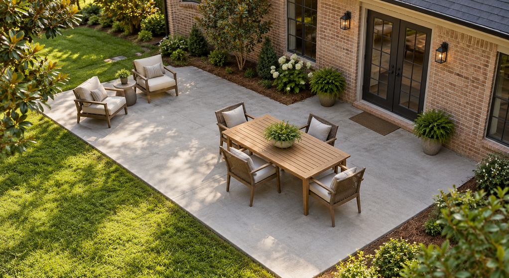Elevated view of a concrete patio with dining furniture, lounge seating, and clear space