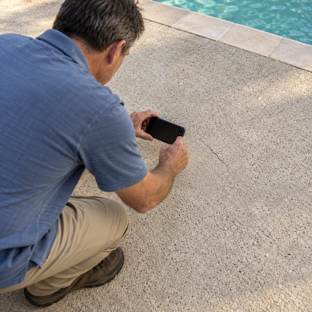 Homeowner examining a narrow crack in a concrete pool deck while holding a smartphone.