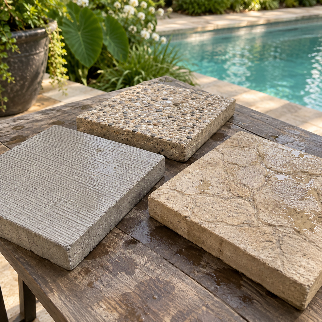 Broom-finished, stamped, and exposed-aggregate concrete samples on a table beside a pool.