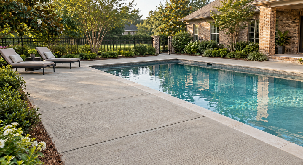 Light-colored concrete pool patio with textured panels, lounge chairs, and lush backyard planting.