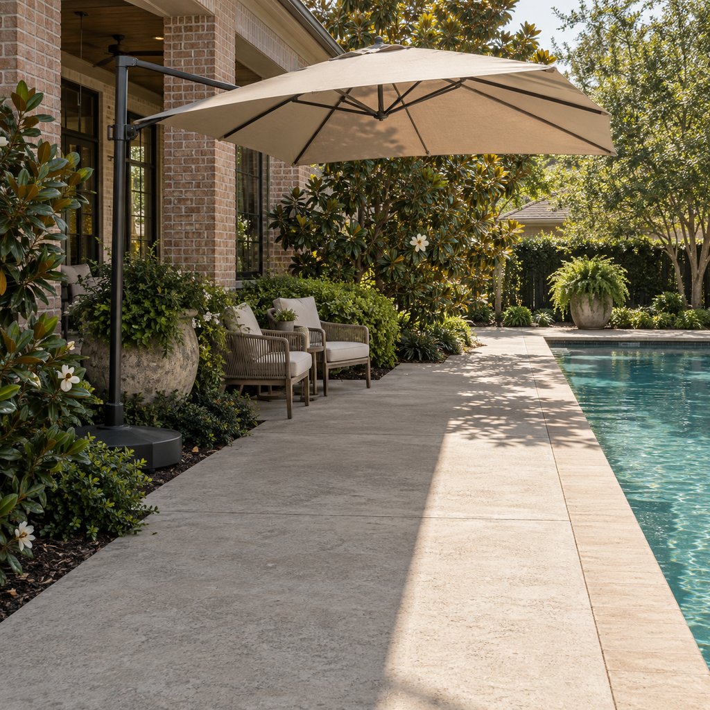 Cantilever umbrella shading seating and part of a concrete walking route beside a pool.