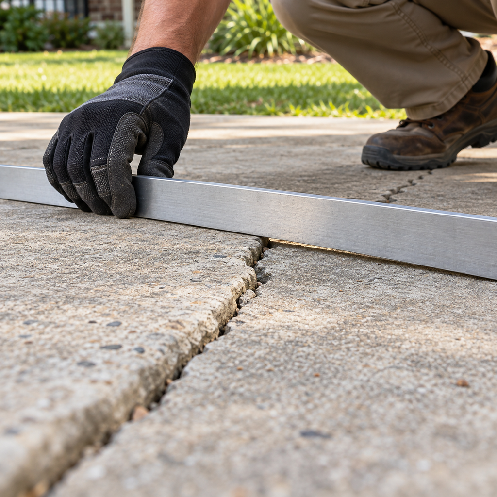 An inspector holds an aluminum straightedge across a patio crack to check the height difference between its sides.