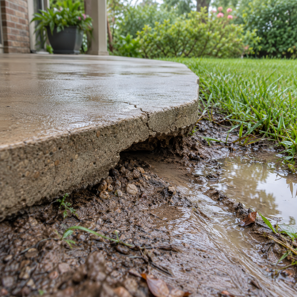 A cracked patio edge sits above a small washed-out soil pocket beside muddy standing water.