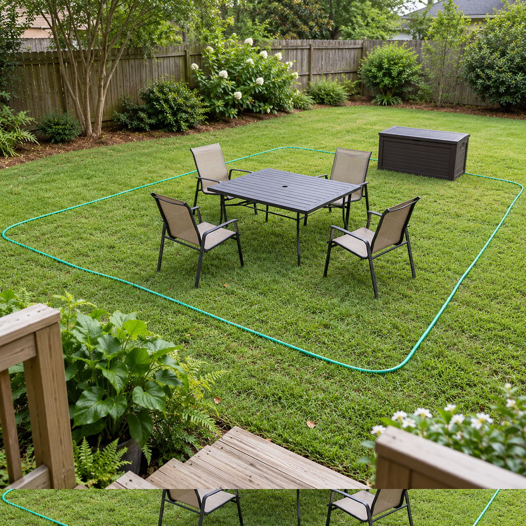 Garden hose outlines a proposed patio on grass around a dining set and storage box.