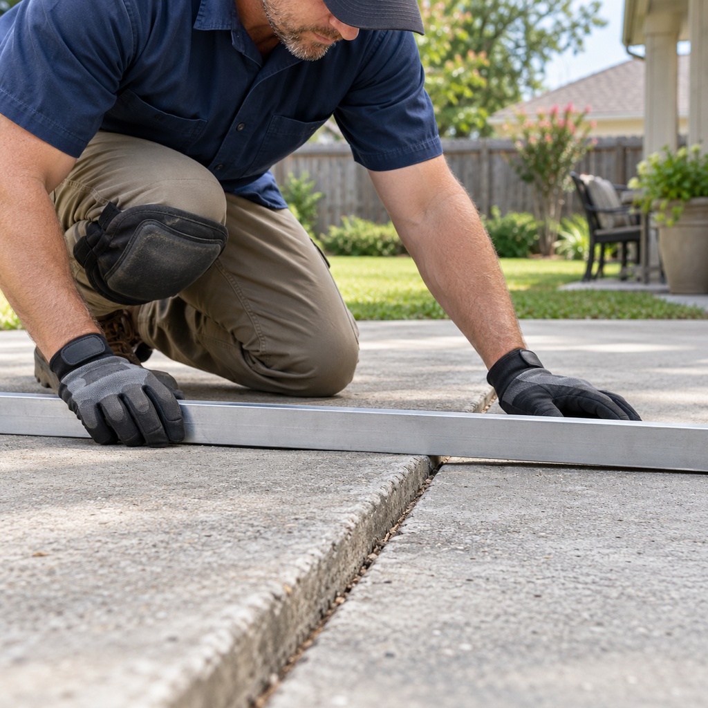 An inspector places an aluminum straightedge across an uneven concrete patio joint to check the height difference.