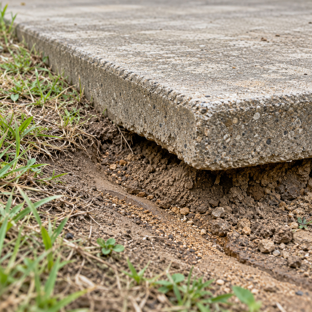 A shallow gap beneath a concrete patio edge exposes receded soil and a narrow erosion channel.