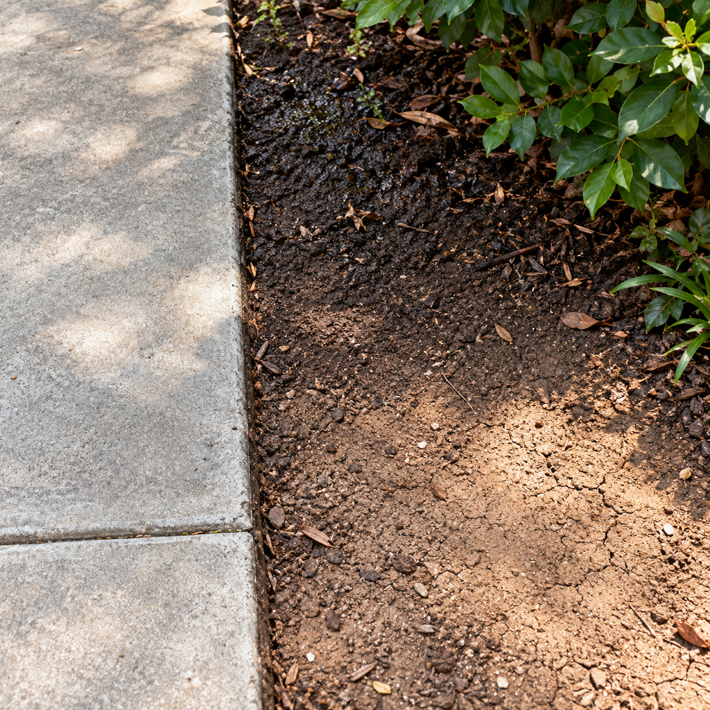 Dark damp soil beneath shrubs transitions to lighter cracked soil beside a concrete patio.