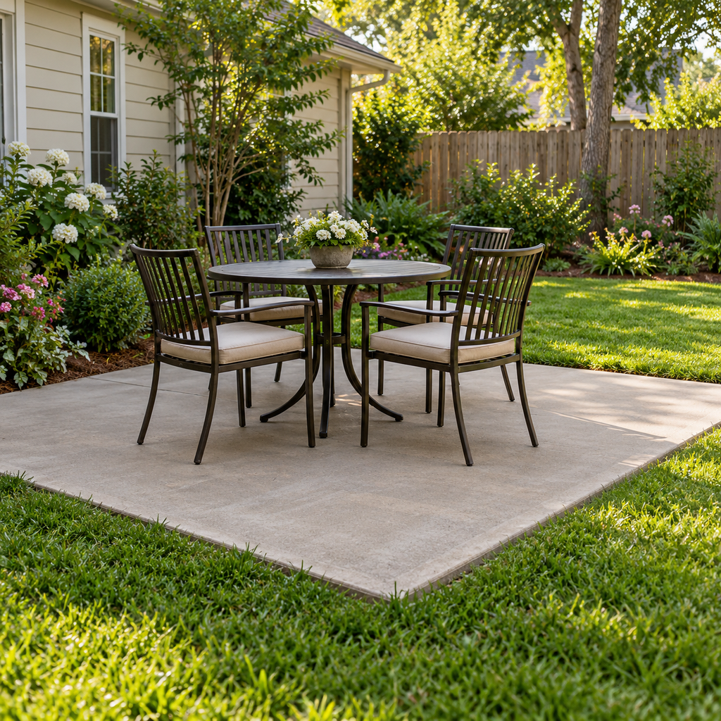 Compact concrete patio with a round four-person dining set and open space around the chairs.