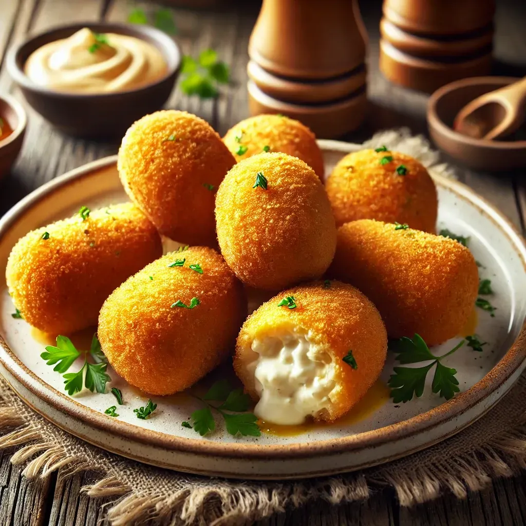 Un plato de bolas de queso fritas sobre una mesa de madera.