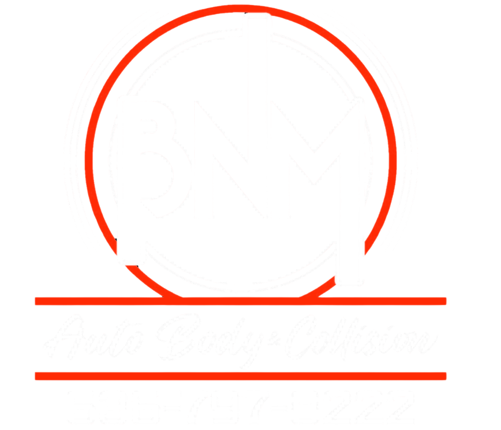 BNM Auto Body & Collision logo with red car lift graphic and phone number 636-797-8222