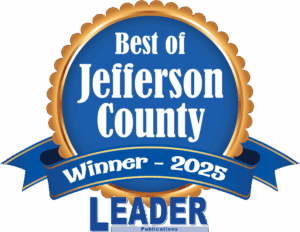 Best of Jefferson County winner 2025 blue-and-gold award emblem with “Leader” banner