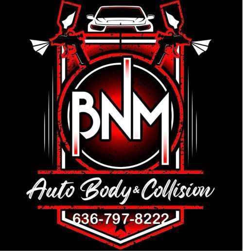 BNM Auto Body & Collision logo with red car lift graphic and phone number 636-797-8222