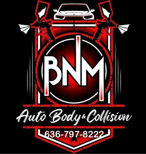 BNM Auto Body & Collision logo with red car graphic and phone number 636-797-8222