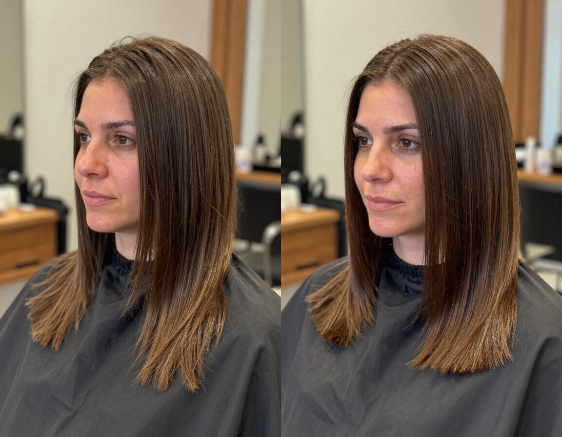 Retrato de una mujer con el pelo castaño liso en una peluquería, mostrando el antes y el después de un corte de pelo