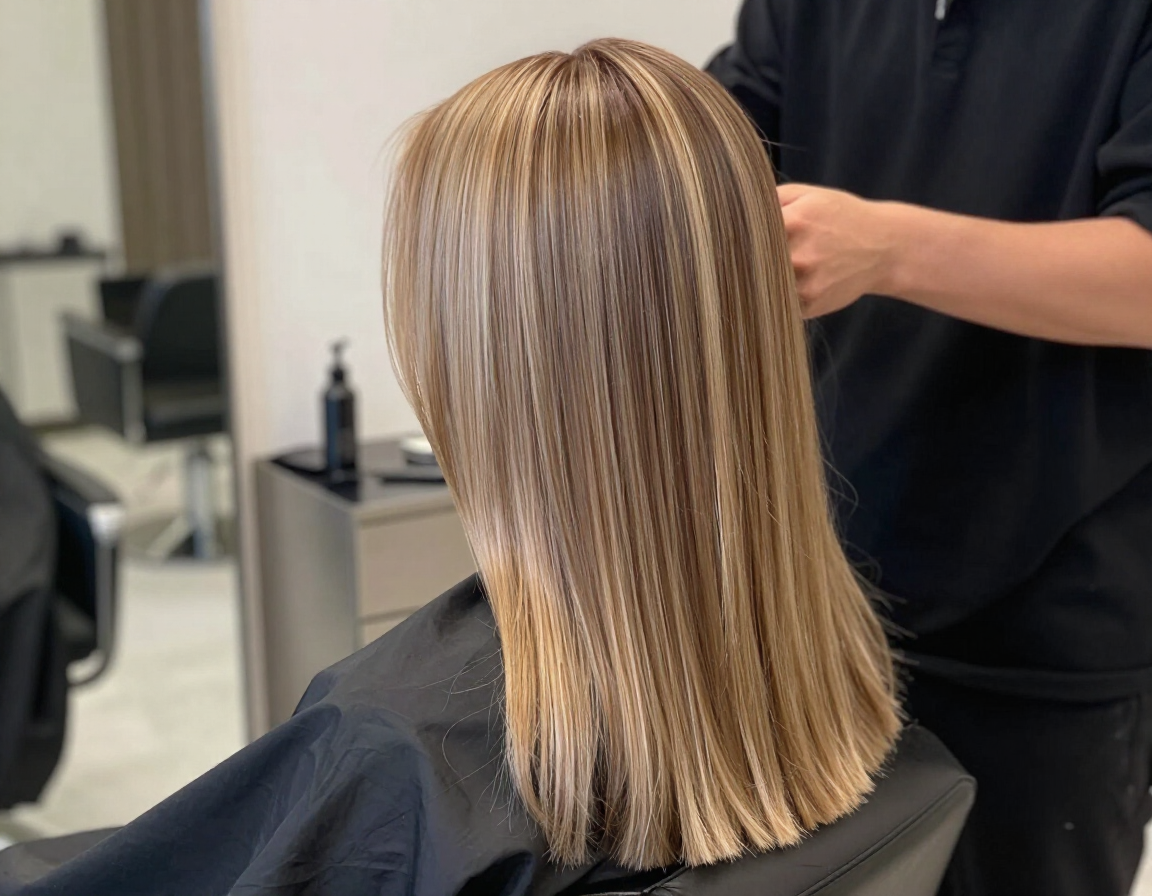 Vista trasera de un peinado con mechas y hasta los hombros, sentada en una silla de peluquería, con una estilista cerca