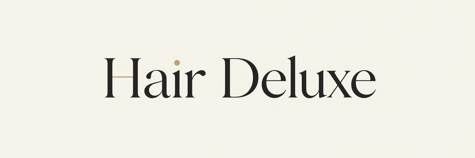 Logotipo de Hair Deluxe en texto serif negro sobre un fondo beige claro