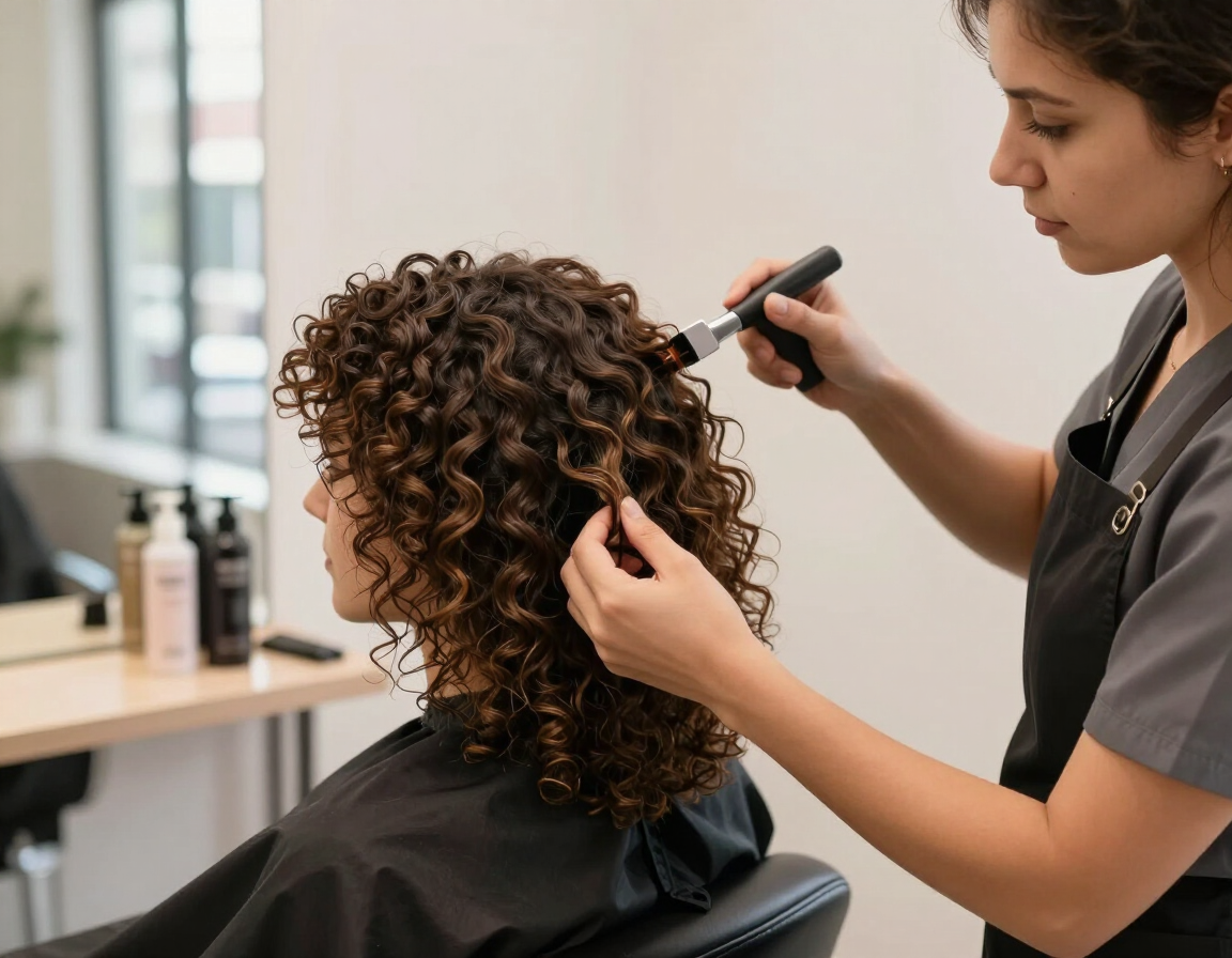 Una estilista riza el cabello de una clienta sentada en una silla de peluquería con un rizador