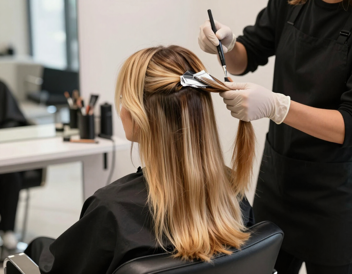 Estilista aplicando tinte al cabello rubio de una clienta en un salón de belleza