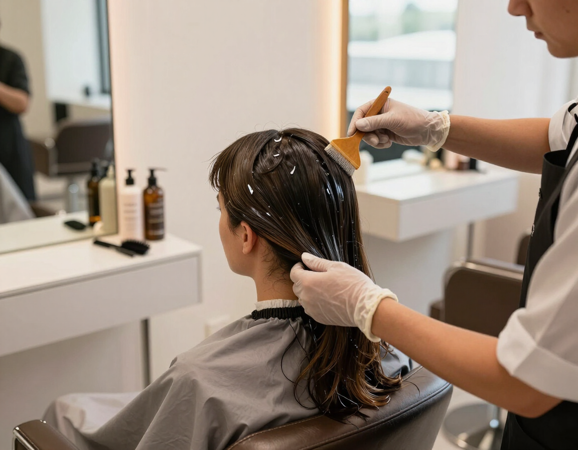 Peluquera aplicando color al cabello de una clienta en un salón, con guantes y mechas con papel de aluminio.
