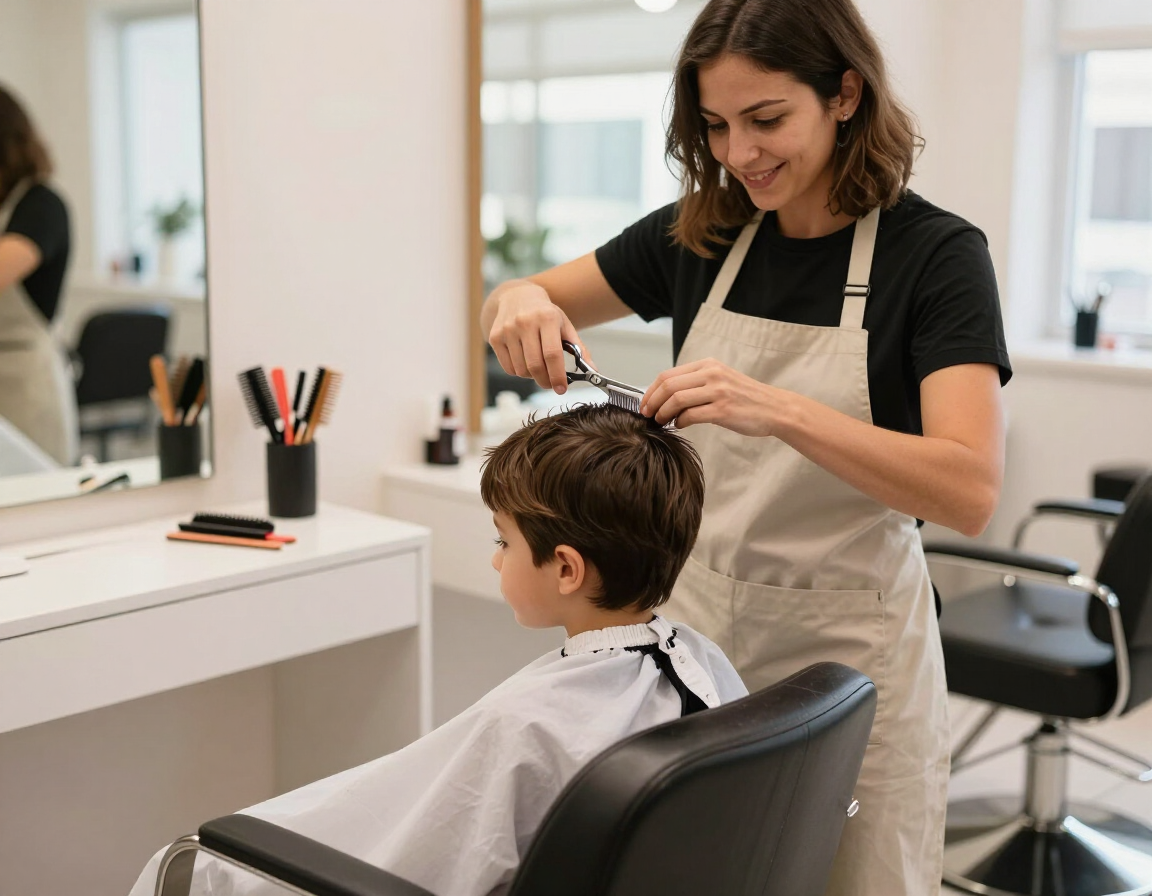 Un estilista cortándole el pelo a un niño en una peluquería luminosa