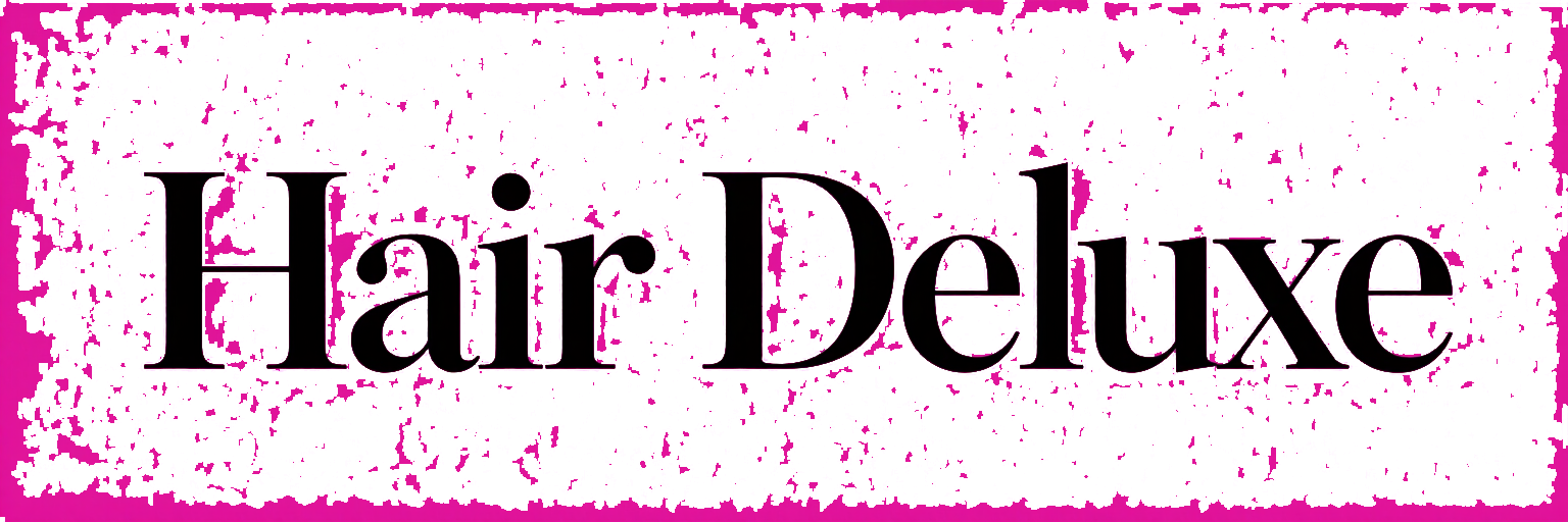 Logotipo de Hair Deluxe en texto negro con tipografía serif sobre un fondo blanco salpicado de rosa
