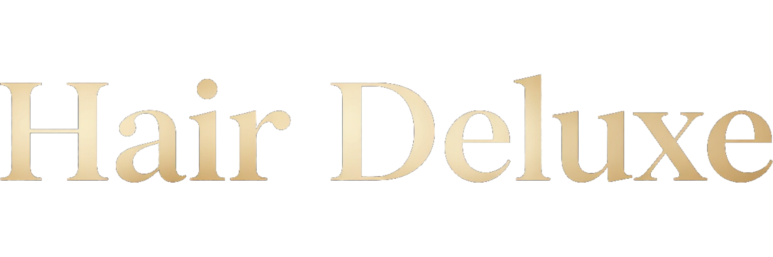 Logotipo de texto dorado «Hair Deluxe» sobre fondo blanco