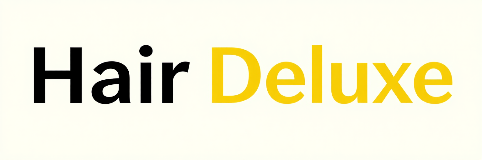 Logotipo de Hair Deluxe con texto negro y dorado sobre un fondo claro
