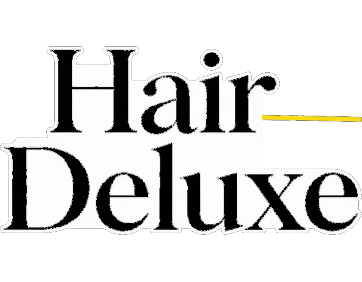 Logotipo negro de “Hair Deluxe” con una fina línea dorada