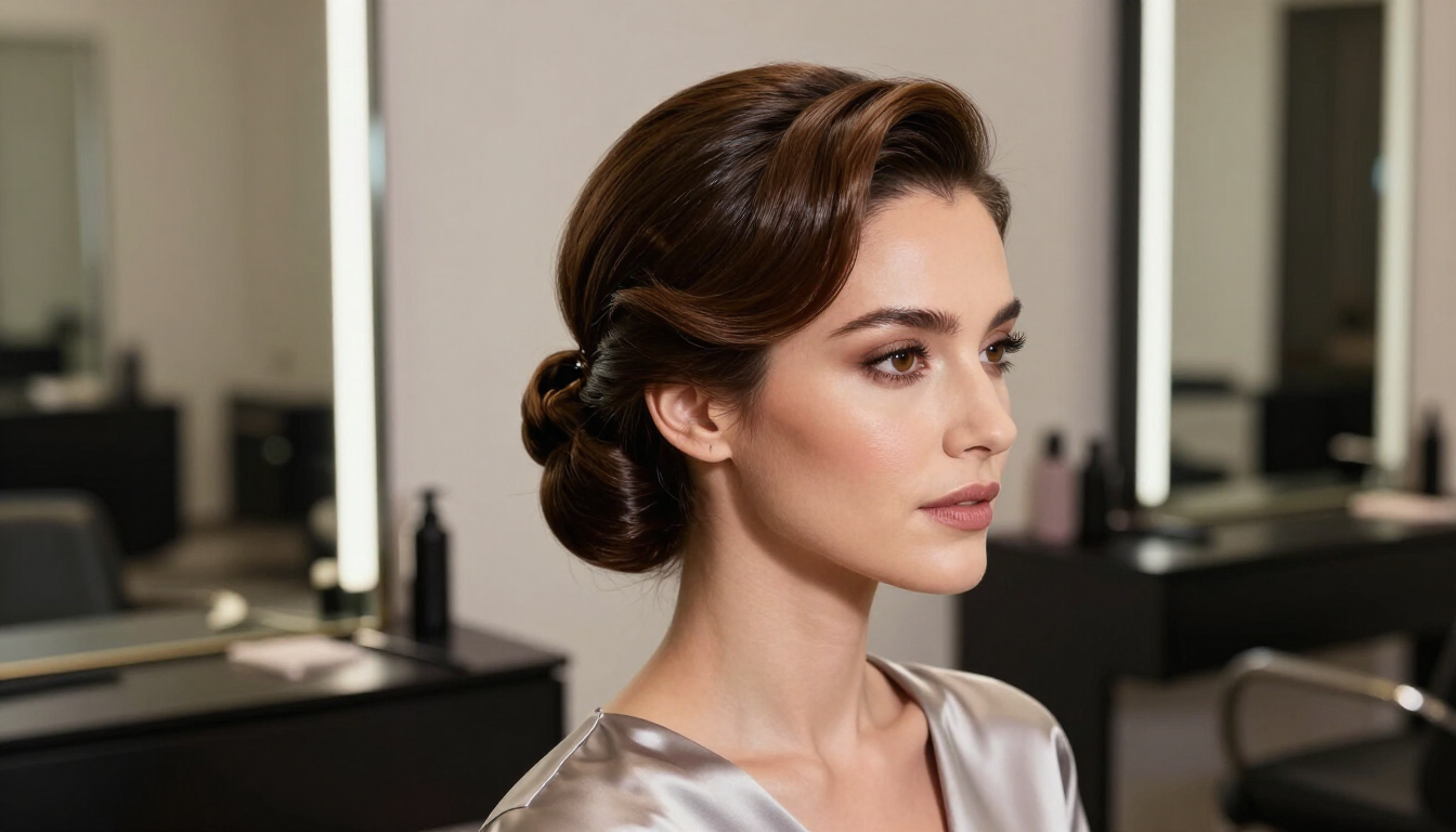 Mujer con un elegante recogido en un salón, de perfil y con una expresión serena.
