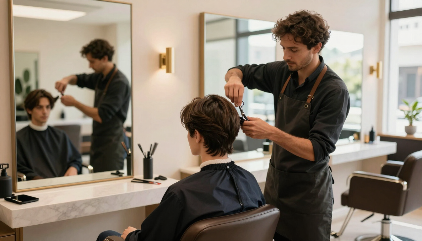 Un estilista cortándole el pelo a un cliente frente al espejo de un salón moderno