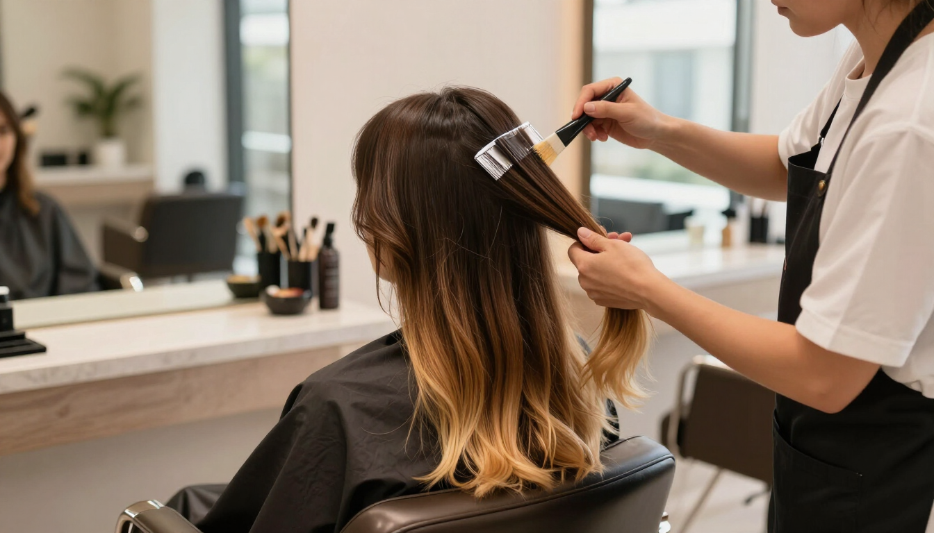 Estilista aplicando tinte en el cabello castaño de un cliente sentado en una silla de peluquería