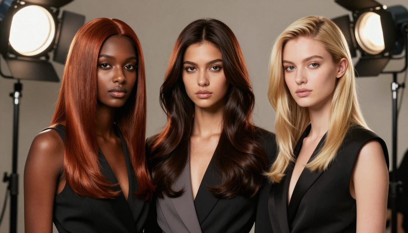 Tres modelos de moda posando con atuendos negros bajo las luces del estudio