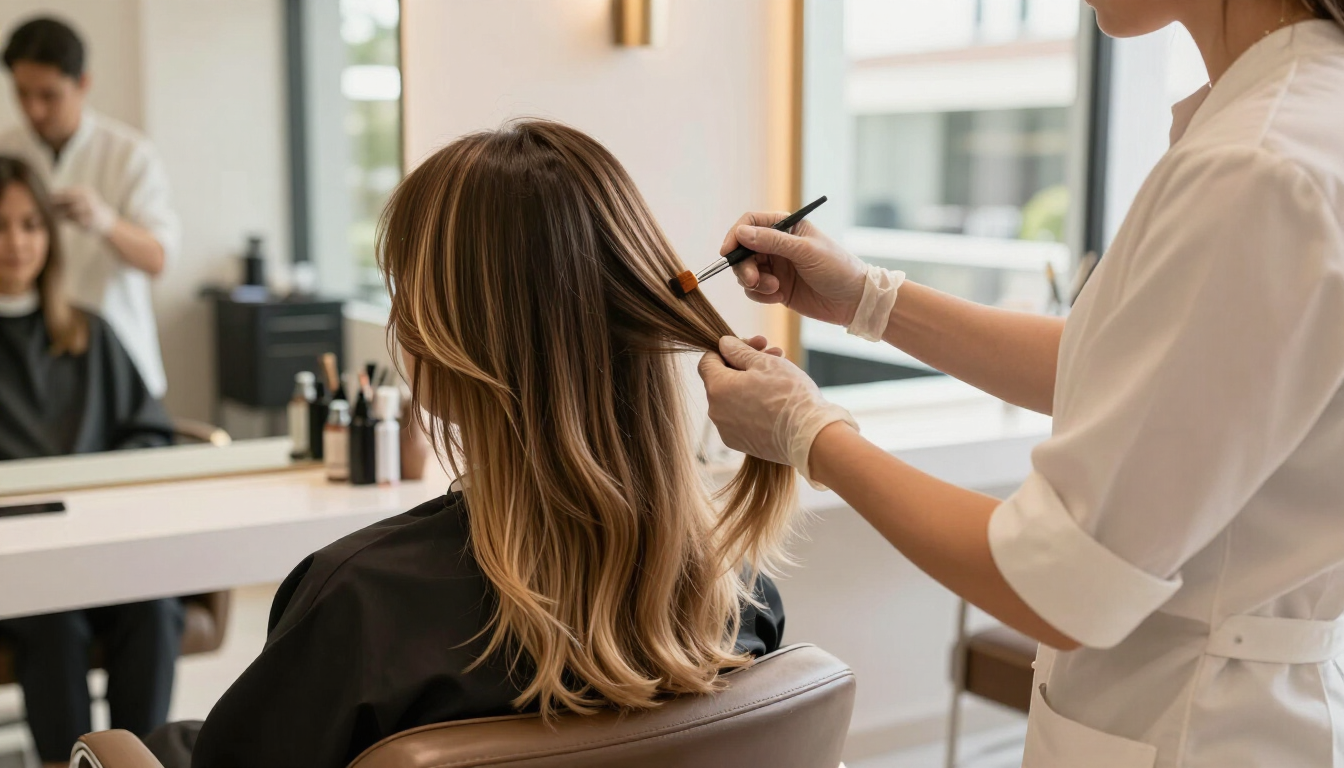 Un estilista le riza el pelo a una mujer en una peluquería luminosa, mientras una clienta está sentada al fondo