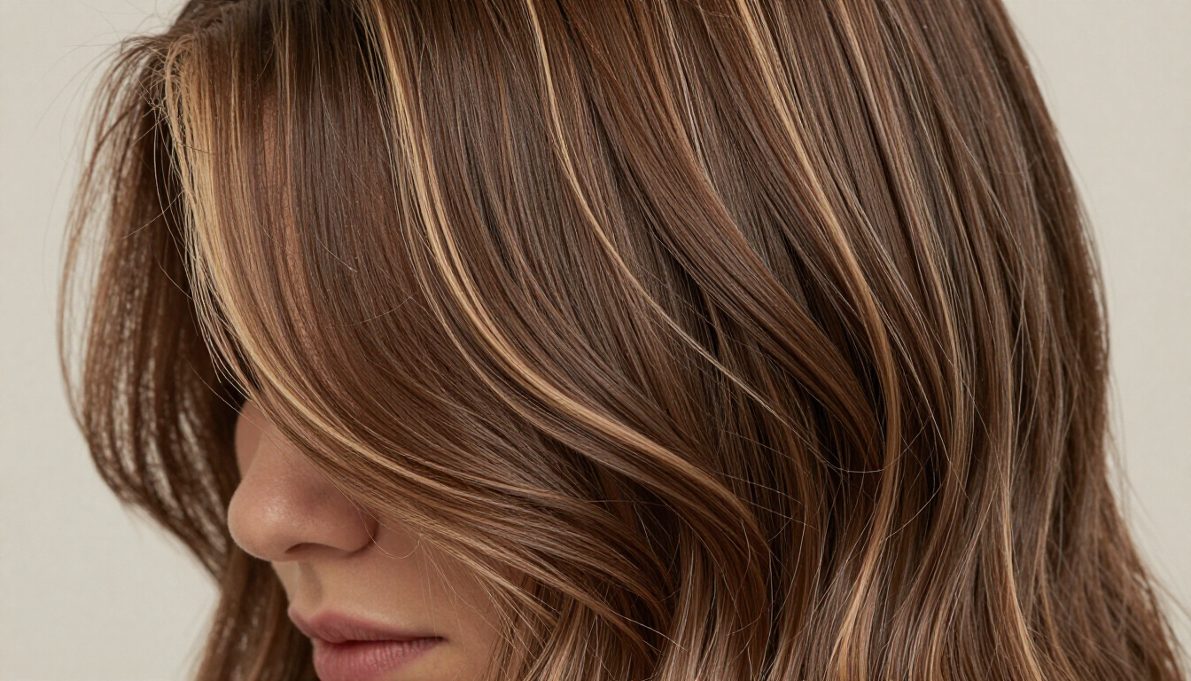Primer plano de cabello castaño ondulado con mechas rubias que enmarcan el rostro de una persona