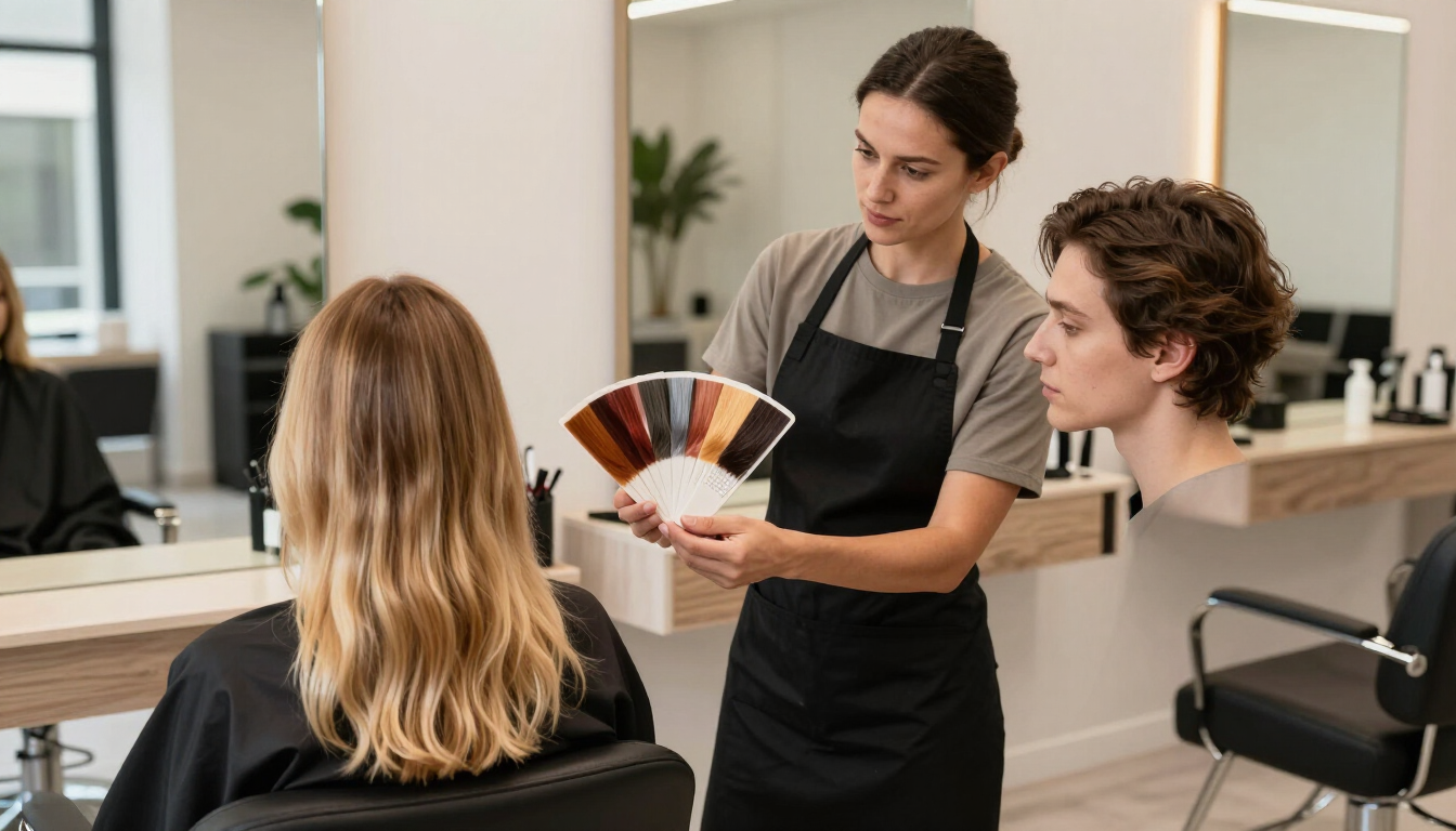 Una estilista le muestra muestras de color de cabello a una clienta sentada en un salón moderno