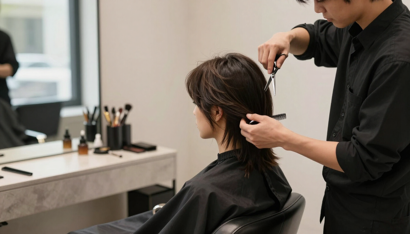 Estilista cortando el pelo de un cliente en un salón moderno, con capa negra y espejos