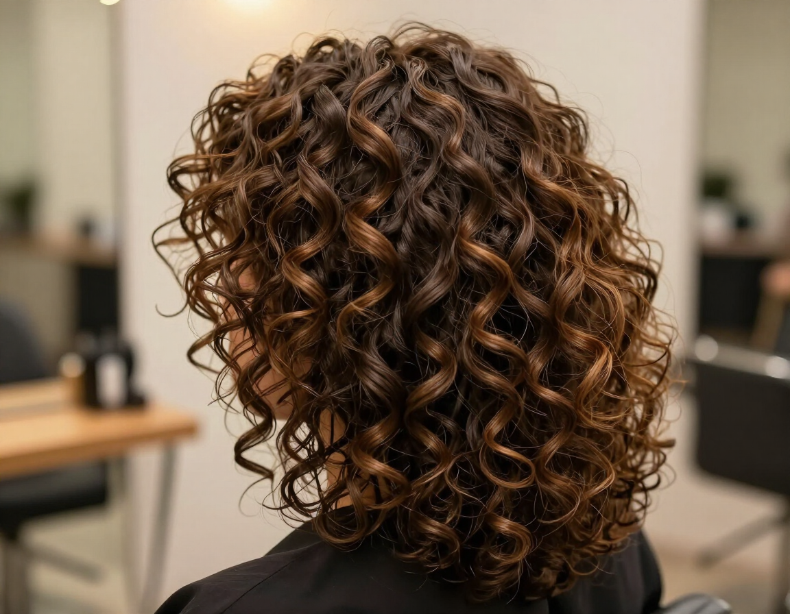 Pelo castaño rizado peinado en una silla de peluquería, visto desde atrás en un salón desenfocado