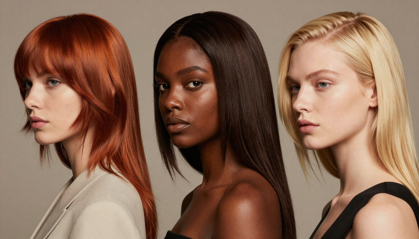 Tres mujeres de perfil posando frente a un fondo neutro de estudio, con el pelo rojo, castaño oscuro y rubio.