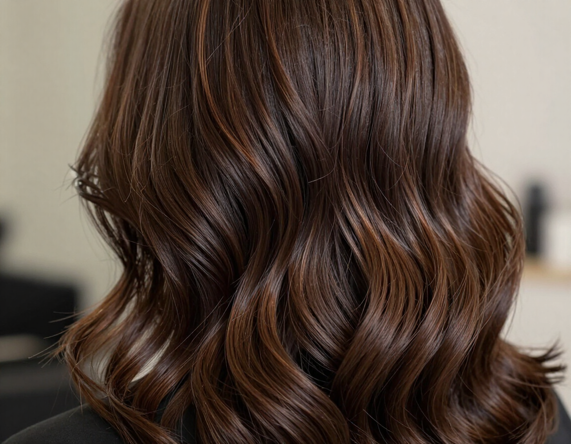 Primer plano de cabello castaño ondulado con reflejos brillantes, peinado con rizos sueltos